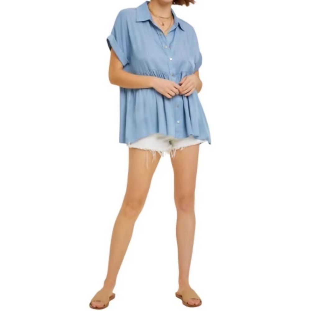 HEYSON light blue buttoned down baby doll relaxed short sleeves top Sz S